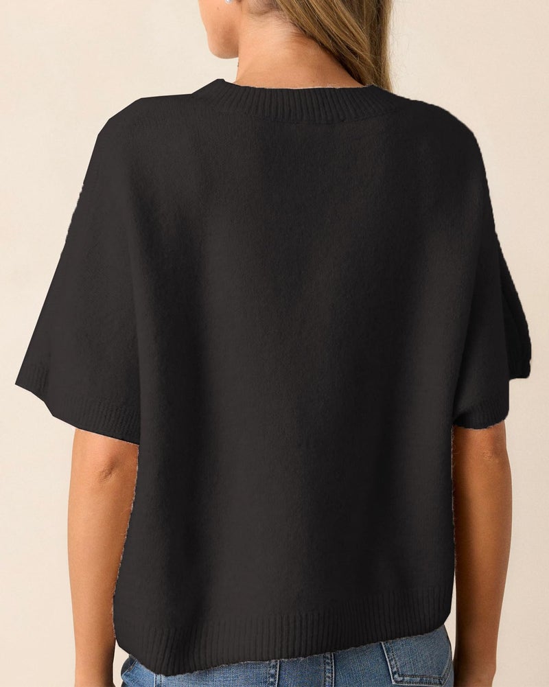 Kedera Women's Pearl Beaded Sweater Cute Bow Embellished Top Short Sleeve Sweater Loose Pullover Crop Tops Knitwear Black - Image 2
