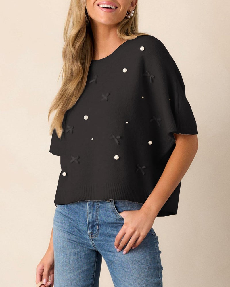 Kedera Women's Pearl Beaded Sweater Cute Bow Embellished Top Short Sleeve Sweater Loose Pullover Crop Tops Knitwear Black - Image 5