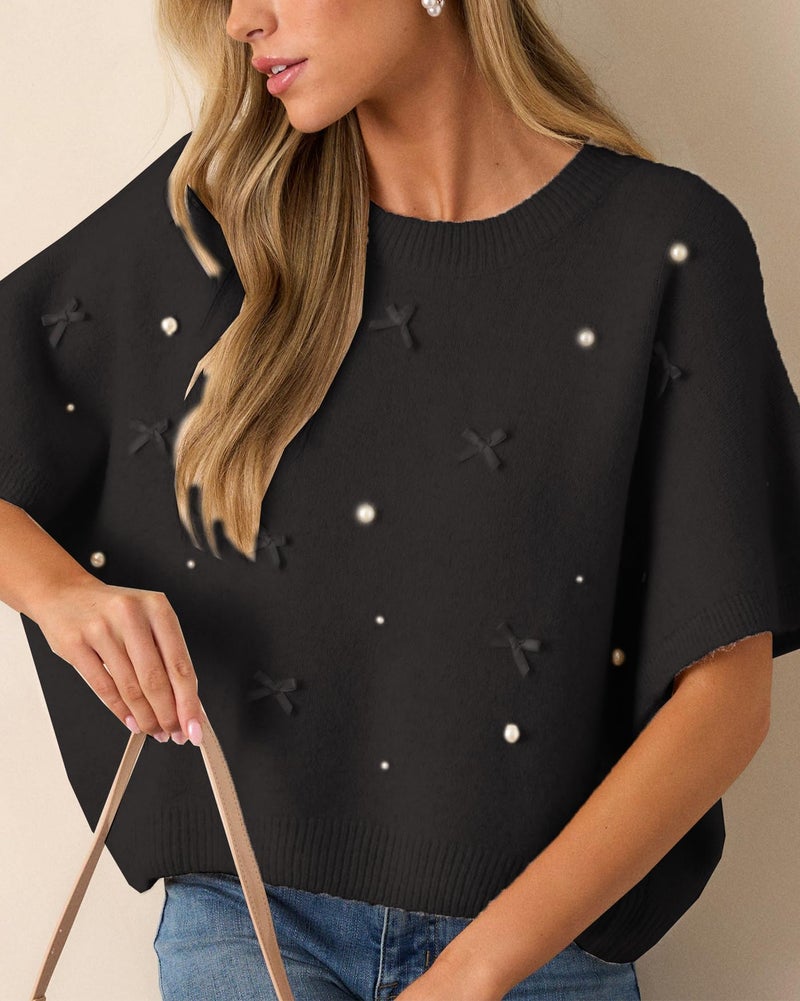 Kedera Women's Pearl Beaded Sweater Cute Bow Embellished Top Short Sleeve Sweater Loose Pullover Crop Tops Knitwear Black - Image 3