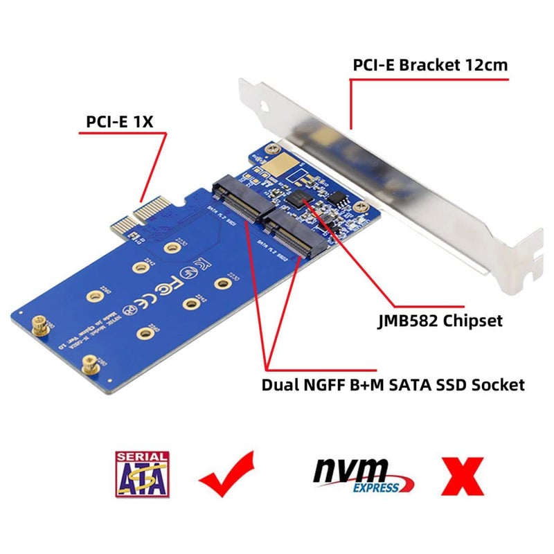 Chenyang M.2 SSD to PCI-E X1 Adapter 2 SATA SSD to PCIe 3.0/4.0 Expansion Card Adapter JMB582 Chipset with 12cm PCI-E Bracket - Image 3