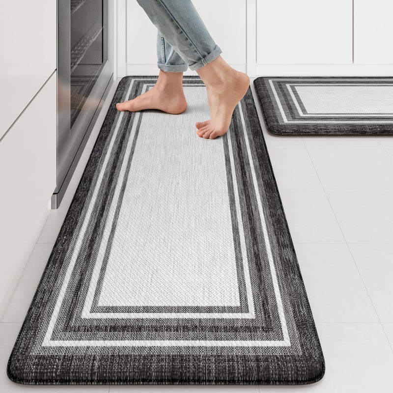 KIMODE طقم سجاد مطبخ كيمود المضاد للإجهاد (قطعتان)، سجاد مطبخ بظهر مطاطي مانع للانزلاق، سجادة مطبخ مقاومة للماء، سجادة مبطنة للوقوف في المكتب، غرفة الغسيل، الحوض، المكتب، أسود ورمادي - Image 1