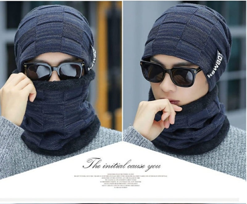 REFFER Latest Stylish Winter Woolen Beanie Cap Scarf (Fur Inside) and Touchscreen Gloves Set for Men and Women Stretch Warm Winter Cap (Navy Blue 88) - Image 4
