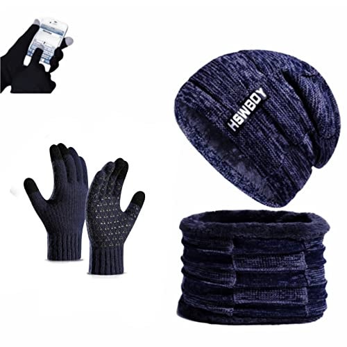 REFFER Latest Stylish Winter Woolen Beanie Cap Scarf (Fur Inside) and Touchscreen Gloves Set for Men and Women Stretch Warm Winter Cap (Navy Blue 88) - Image 1