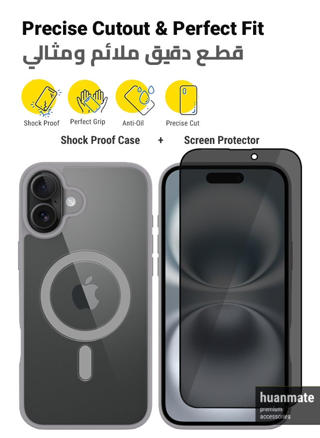 huanmate - 2 in 1 Apple iPhone 16 Magsafe Protection Pack - Ultra Clear Shockproof Case & Anti-Peeping Privacy Glass Screen Protector, All-Round Defense with High Transparency & Easy Installation - Image 1