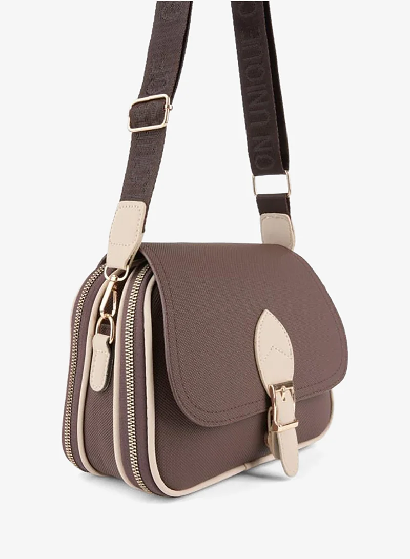 Women's Clover Brown Vinyl 4-Pocket Flap Zipper and Snap Closure Hand and Shoulder Bag.