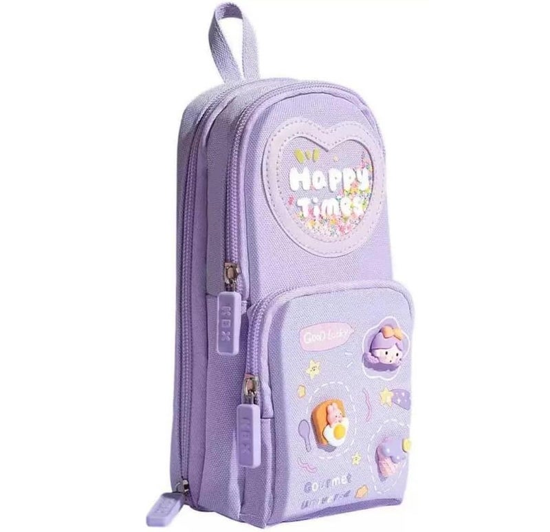PRANIJ Cute Aesthetic Large Capacity 6 Layer with 3 Compartment Pencil Case Pouch with Zipper Portable Stationery Organizer for School College Boys Girls Women Men (Purple - Happy Times) - Image 1