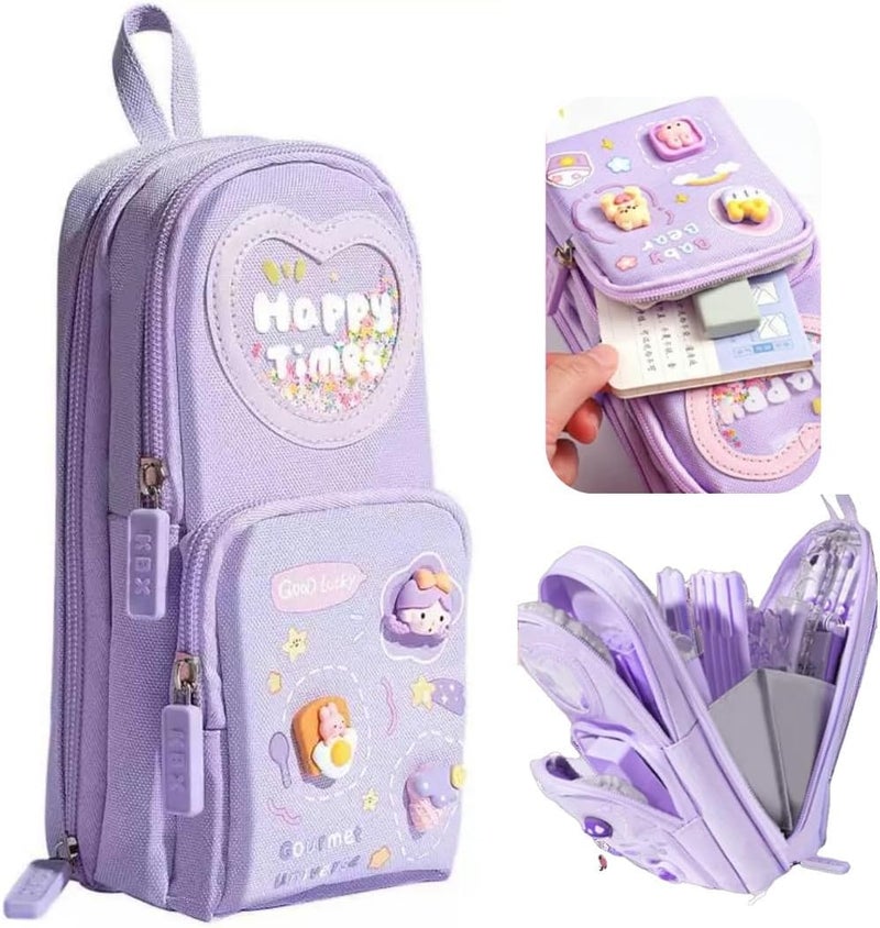 PRANIJ Cute Aesthetic Large Capacity 6 Layer with 3 Compartment Pencil Case Pouch with Zipper Portable Stationery Organizer for School College Boys Girls Women Men (Purple - Happy Times) - Image 5