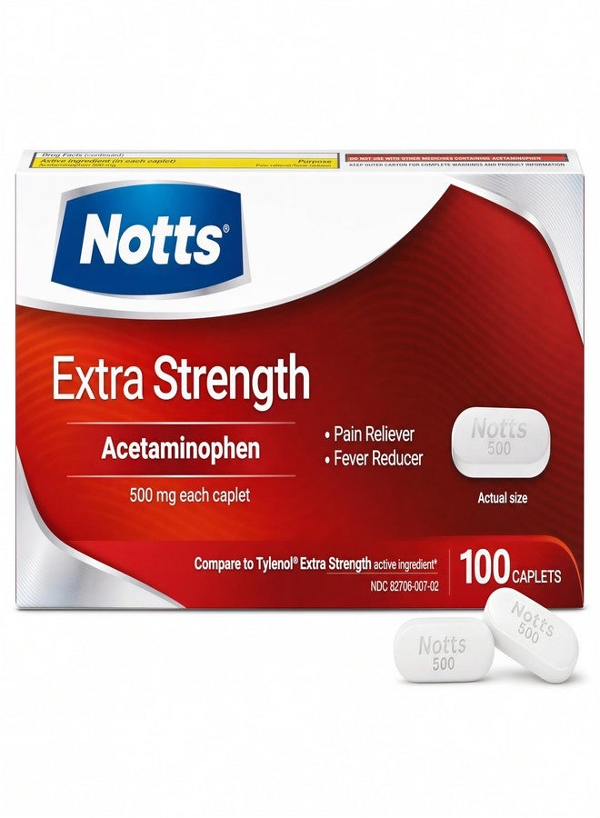 NOTTS Extra Strength 500 mg Caplets with Acetaminophen, Pain Reliever and Fever Reducer for Headache, Backache and Toothache, 100 Count - Image 1