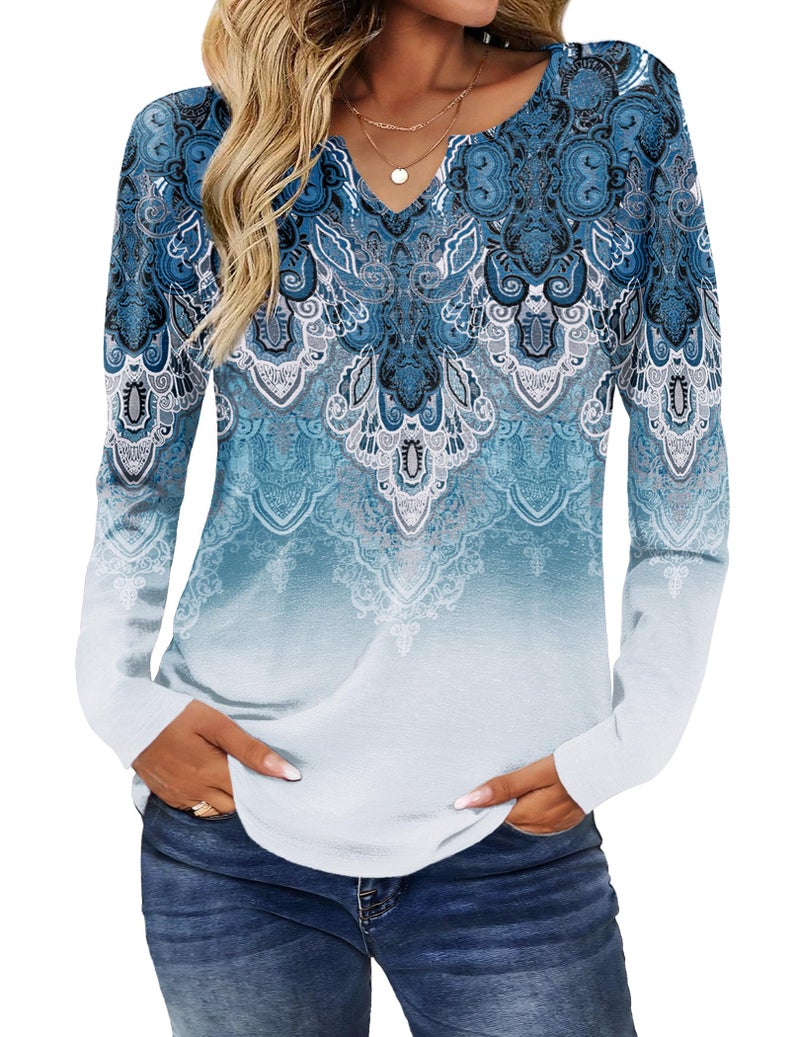 Zeagoo Boho Tops for Women Long Sleeve Tunic V Neck Tshirts Bohemian Dressy Casual Shirts Vintage Ethnic Boho Blouses L - Image 5