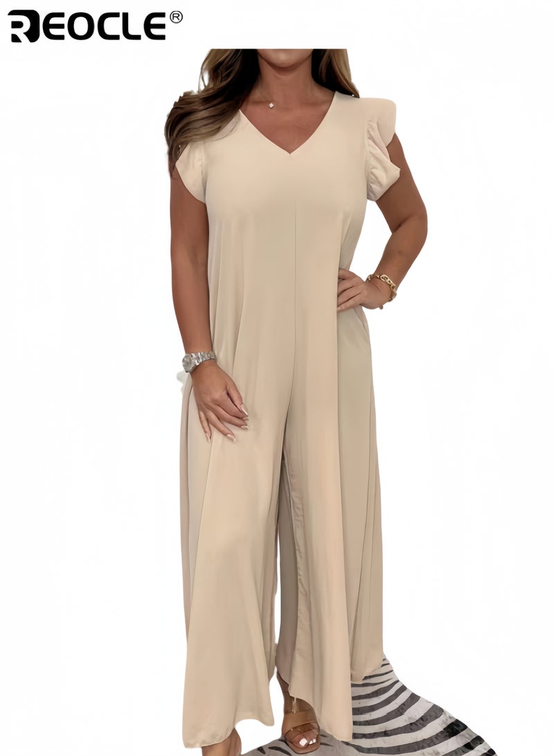 ريوكل بدلة نسائية من البوليستر المطاط بأكمام فراشة ورقبة V رومبر واسع الأرجل بتفاصيل كرانيش لباس كاجوال مريح للتنقل اليومي - Image 2