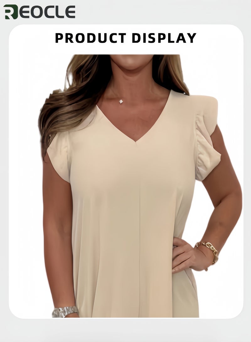 ريوكل بدلة نسائية من البوليستر المطاط بأكمام فراشة ورقبة V رومبر واسع الأرجل بتفاصيل كرانيش لباس كاجوال مريح للتنقل اليومي - Image 3