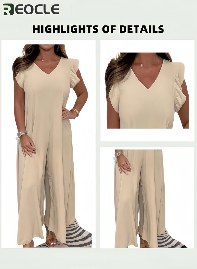 ريوكل بدلة نسائية من البوليستر المطاط بأكمام فراشة ورقبة V رومبر واسع الأرجل بتفاصيل كرانيش لباس كاجوال مريح للتنقل اليومي - Image 5