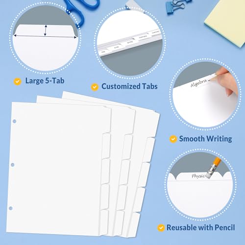 SUNEE Binder Dividers with Tabs for 3 Ring Binder, 8.5 x 11 Paper White Binder Dividers Blank with 5 Tabs, 20 Sets Page Dividers for School, Office and Home, 100 Dividers - Image 4