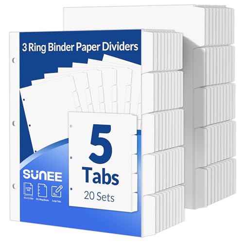 SUNEE Binder Dividers with Tabs for 3 Ring Binder, 8.5 x 11 Paper White Binder Dividers Blank with 5 Tabs, 20 Sets Page Dividers for School, Office and Home, 100 Dividers - Image 1