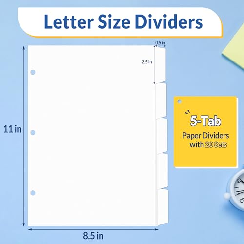 SUNEE Binder Dividers with Tabs for 3 Ring Binder, 8.5 x 11 Paper White Binder Dividers Blank with 5 Tabs, 20 Sets Page Dividers for School, Office and Home, 100 Dividers - Image 2