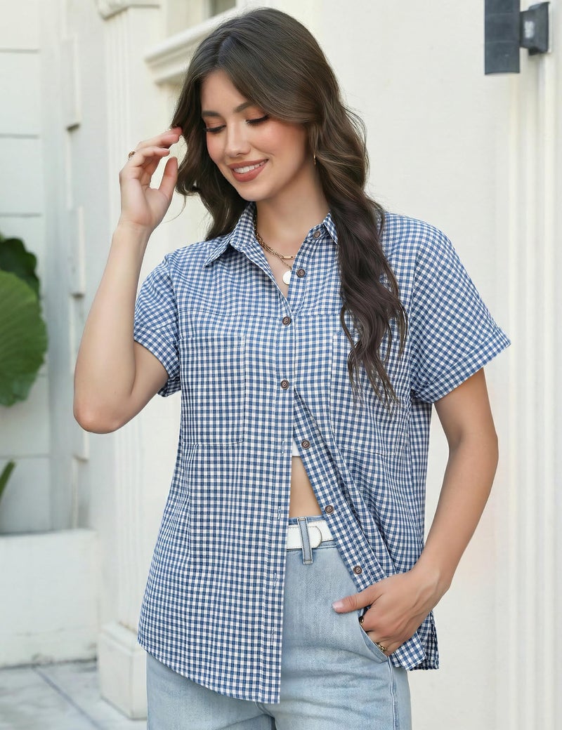 Kistore Women's Gingham Button Down Shirt Cotton Shirt Plaid Blouses Short Sleeve Summer Oversized Tops - Image 4