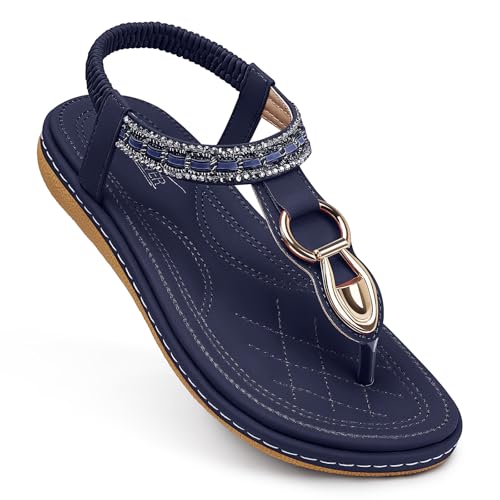 SHIBEVER Dressy Sandals for Women Comfortable: Summer Size 7 Navy Blue Walking Casual Flat - Comfort Ladies Thong Bohemian Women Sandal - Image 2