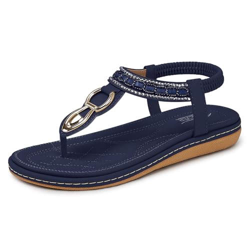 SHIBEVER Dressy Sandals for Women Comfortable: Summer Size 7 Navy Blue Walking Casual Flat - Comfort Ladies Thong Bohemian Women Sandal - Image 1
