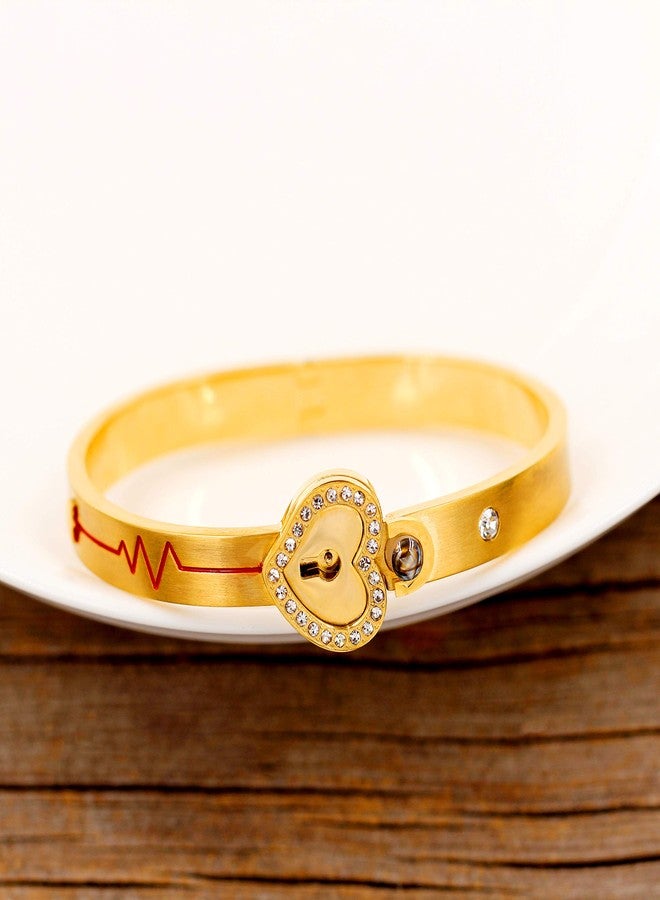 Uloveido Gold Plated Stainless Steel 100 Languages I Love You Heartbeat Heart Bangle Bracelet and Shield Key Pendant Necklace for Couples Y953 (Gold) - Image 5