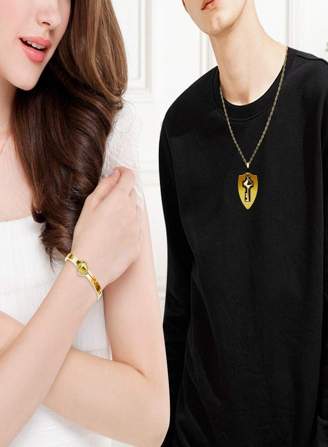 Uloveido Gold Plated Stainless Steel 100 Languages I Love You Heartbeat Heart Bangle Bracelet and Shield Key Pendant Necklace for Couples Y953 (Gold) - Image 2