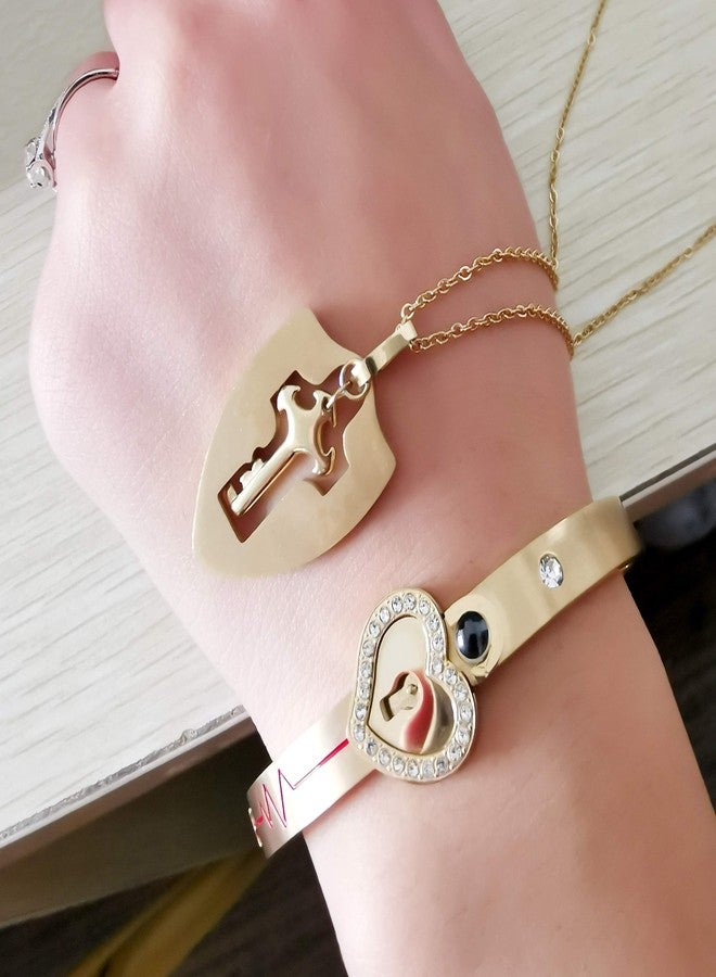 Uloveido Gold Plated Stainless Steel 100 Languages I Love You Heartbeat Heart Bangle Bracelet and Shield Key Pendant Necklace for Couples Y953 (Gold) - Image 3