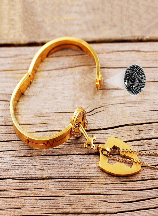 Uloveido Gold Plated Stainless Steel 100 Languages I Love You Heartbeat Heart Bangle Bracelet and Shield Key Pendant Necklace for Couples Y953 (Gold) - Image 4