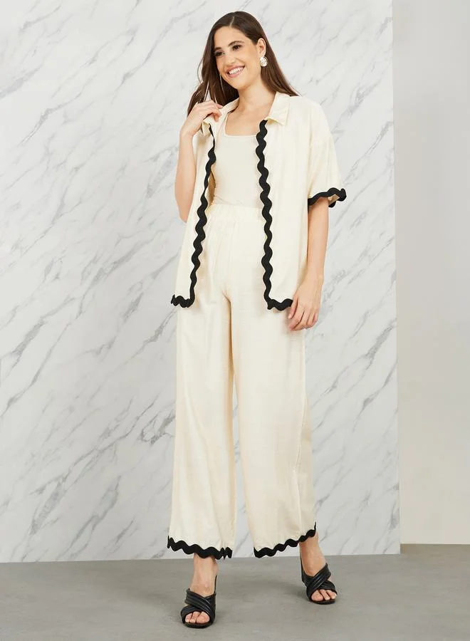 Take Two Contrast Scallop Trim Shirt and High Rise Wide Leg Pant Set