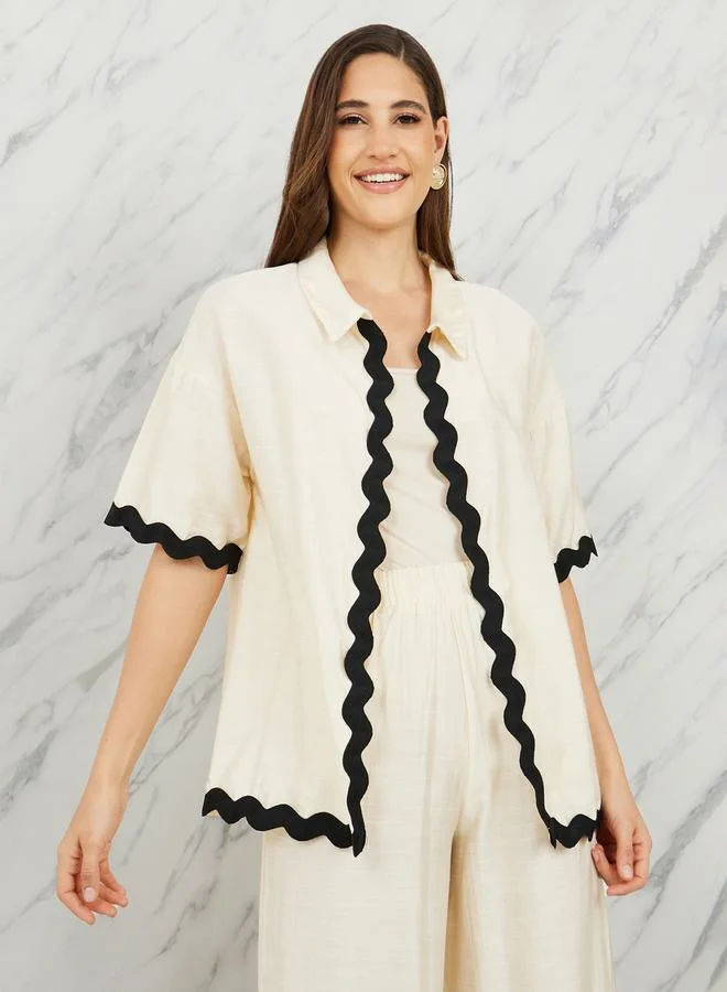 Take Two Contrast Scallop Trim Shirt and High Rise Wide Leg Pant Set