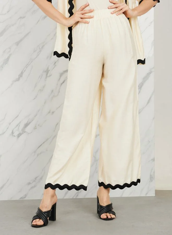Take Two Contrast Scallop Trim Shirt and High Rise Wide Leg Pant Set