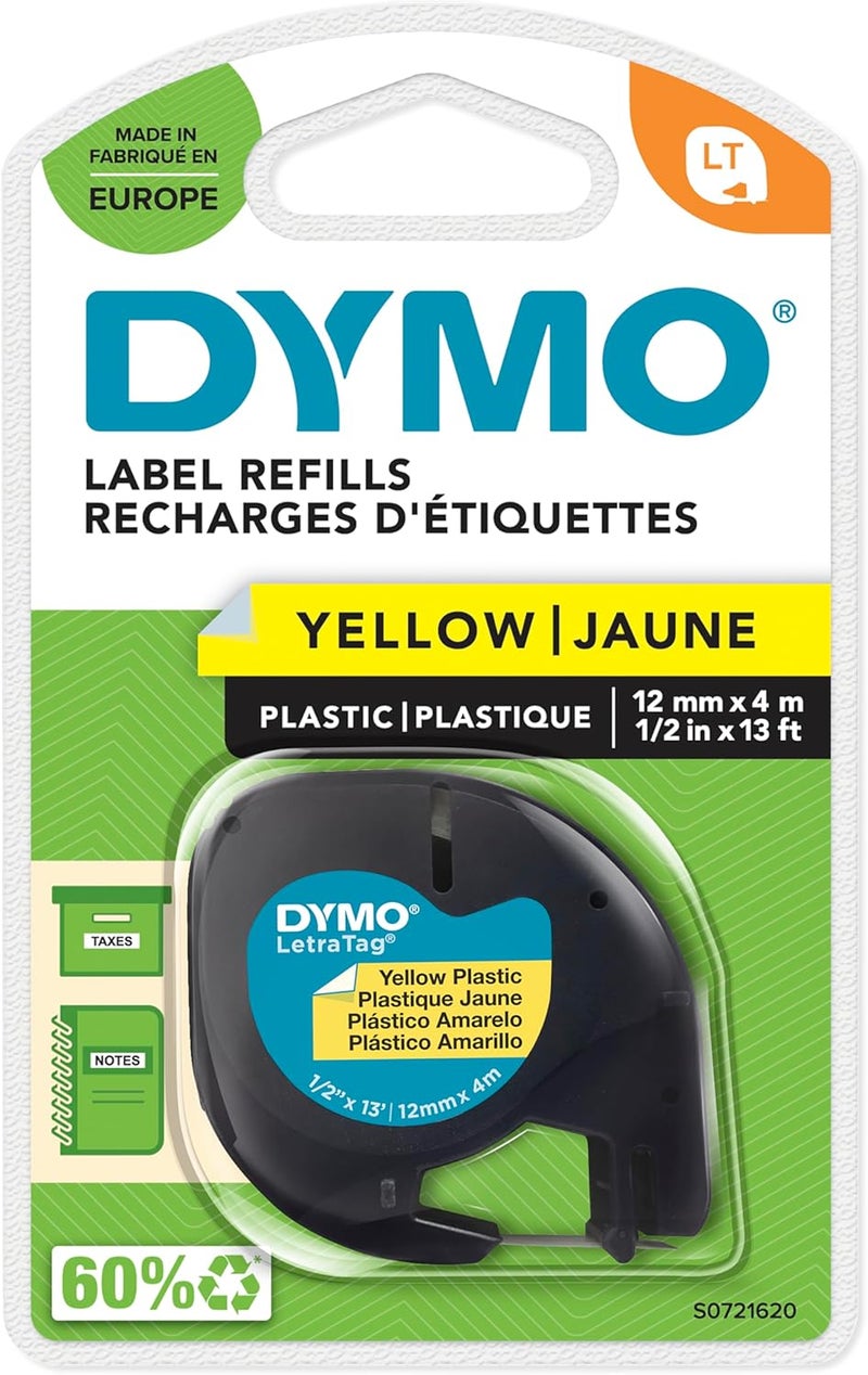 Dymo Letratag Plastic Label Tape, 12 Mm X 4 M Roll, Yellow - Image 1