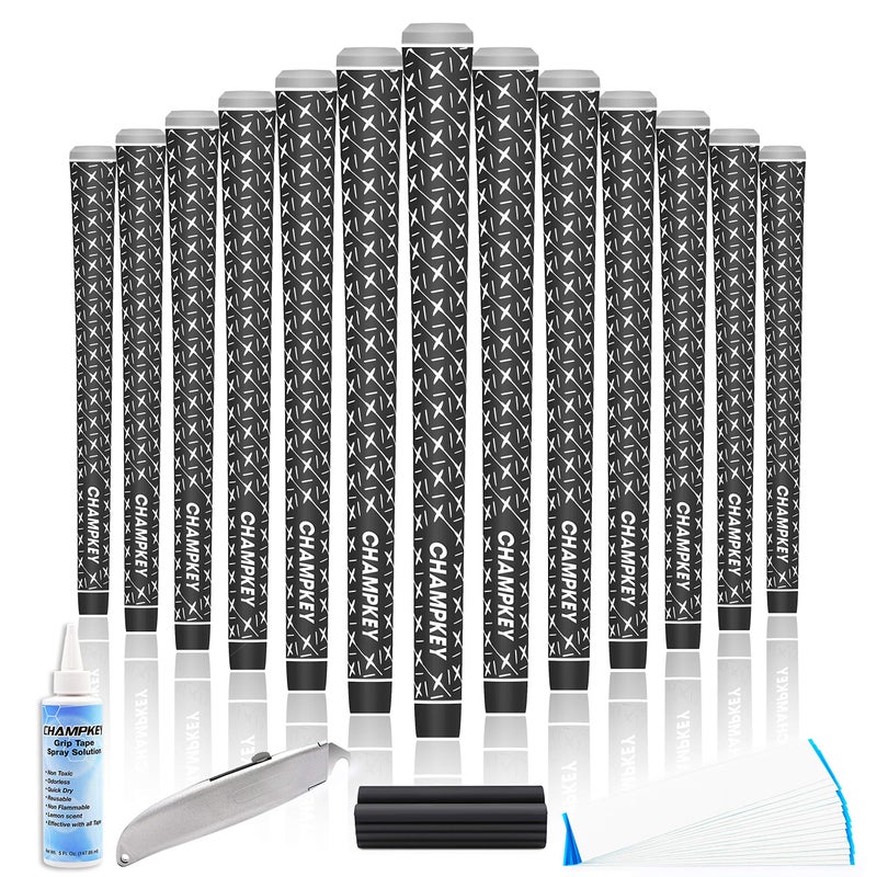 Champkey X Rubber Golf Grips Set - 13 Grips & All Repair Kits or 15 Tapes (Black, Midsize) - 5 Oz Solvent, Hook Blade, Vise Clamp - Image 1
