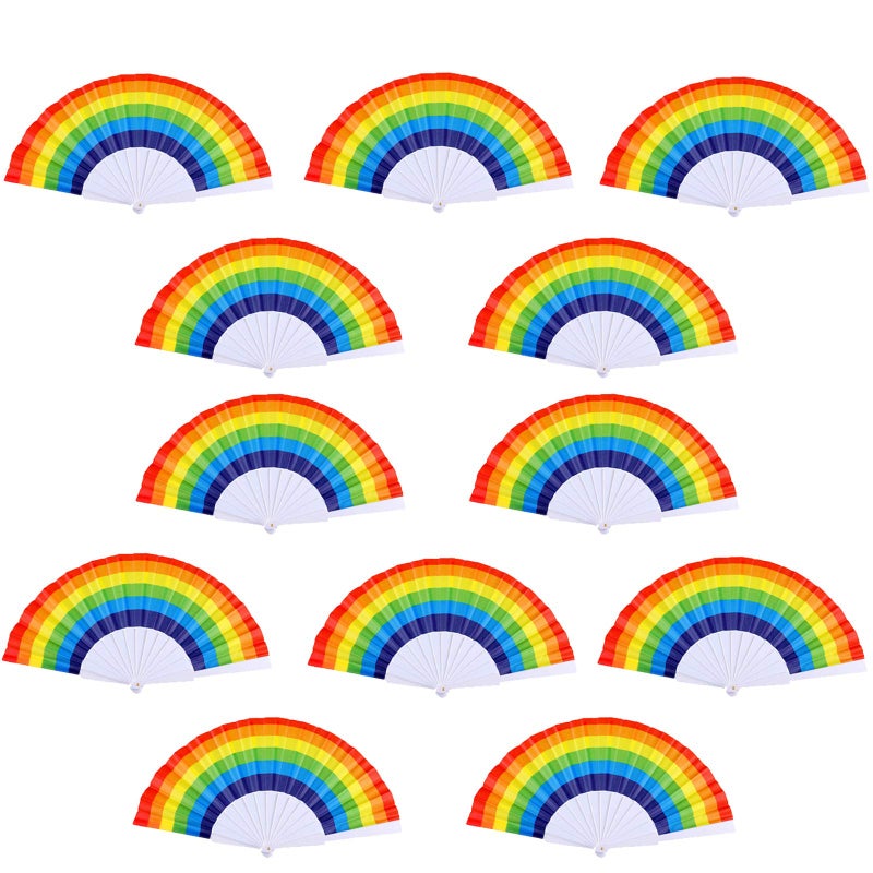 TKMOS 12 Pack Rainbow Folding Fans Colorful Hand Held Fan Rainbow Party Decoration Hand Folding Fans for WomenMen