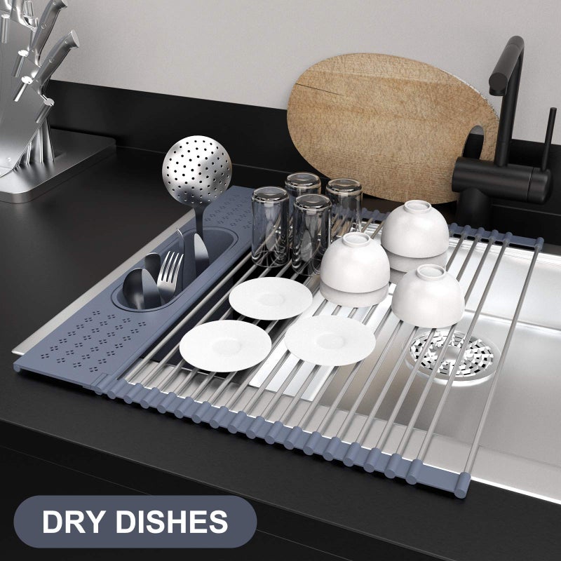 LEMIKKLE Roll Up Dish Drying Rack 17 x 15 Over The Sink Dish Drying Rack, Multi-Purpose Kitchen Rolling Dish Drainer Foldable SUS 304 Stainless Steel Dish Drying Rack - Image 3