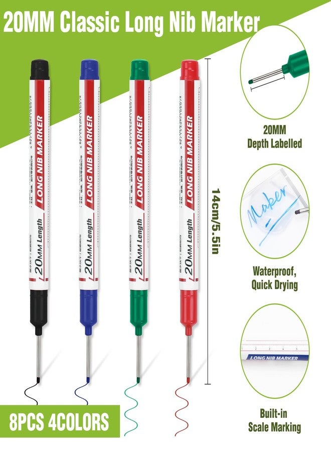 Azureblue 8pcs Long Nib Marker, Long Head Deep Hole Marker Pens, Waterproof Construction Markers Marking Tool, Multi-Purpose Deep Reach Pen Makes For Metal, Carpenter, Woodworking, 20mm 4 Colors - Image 2