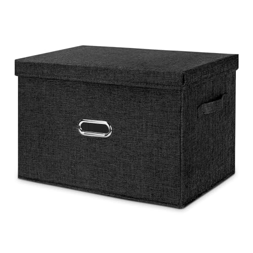 Valease Large Linen Fabric Foldable Storage Bins with Removable Lid and Handles Washable Storage Box Organizer Containers Baskets Cube with Cover for BedroomOfficeBlack Small - Image 1