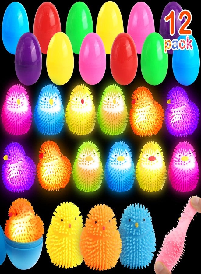 SURCVIO 12 Pack Easter Eggs Fillers LED Chick Puffer Balls, Easter Basket Stuffers with Light Up Stress Relief Fidget Toys Squeeze Ball, Easter Egg Hunt Party Favor for Kids Boys Girls Toddler Teens - Image 1