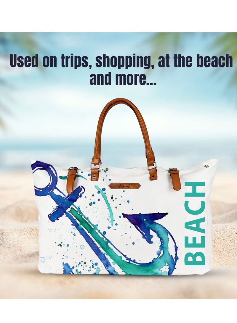 Anemoss Women's Beach Tote Bag, Waterproof Sandproof Hand Bags, Lightweight Fashionable Shoulder Bag, Large Capacity, Anchor Design Bag for Picnic Shopping, Gifts for Women and Girls - Image 2