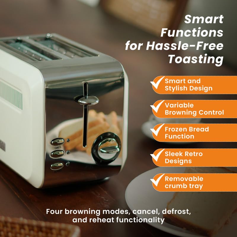 Haden Boston Cream Pyramid 2-Slice Toaster with Variable Browning Control, Removable Crumb Tray, Defrost & Reheat Functions - Sleek Retro Design - Image 3
