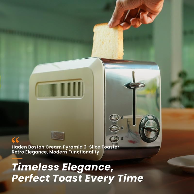 Haden Boston Cream Pyramid 2-Slice Toaster with Variable Browning Control, Removable Crumb Tray, Defrost & Reheat Functions - Sleek Retro Design - Image 2