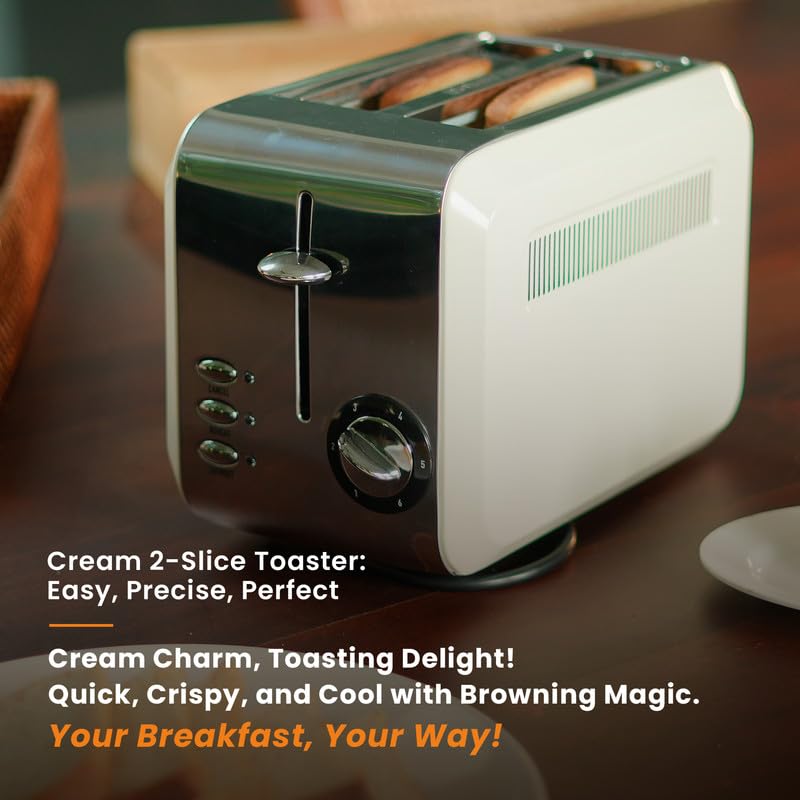 Haden Boston Cream Pyramid 2-Slice Toaster with Variable Browning Control, Removable Crumb Tray, Defrost & Reheat Functions - Sleek Retro Design - Image 4