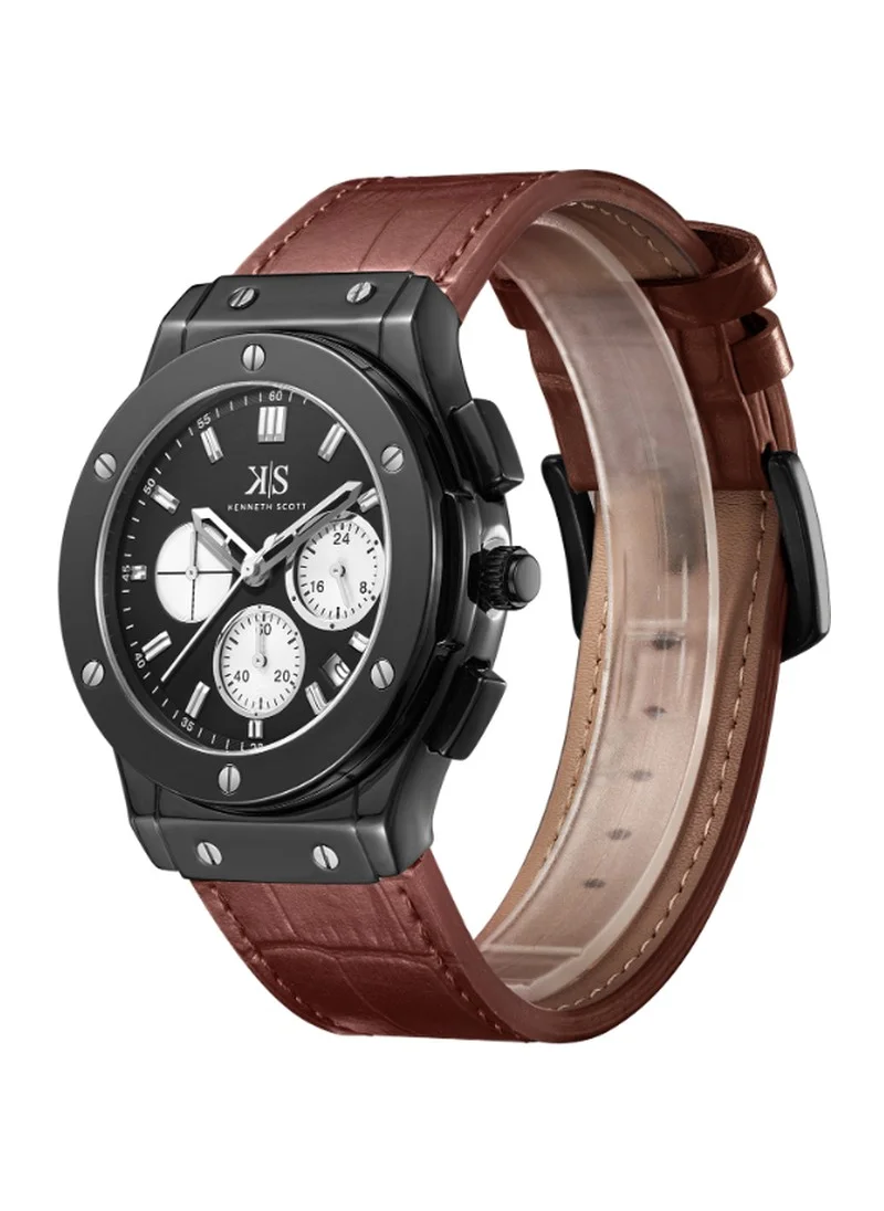 KENNETH SCOTT Kenneth Scott K24115-BLDB Men's Multi Function Display Watch & Leather Strap Brown