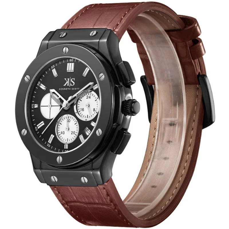 KENNETH SCOTT Kenneth Scott K24115-BLDB Men's Multi Function Display Watch & Leather Strap Brown