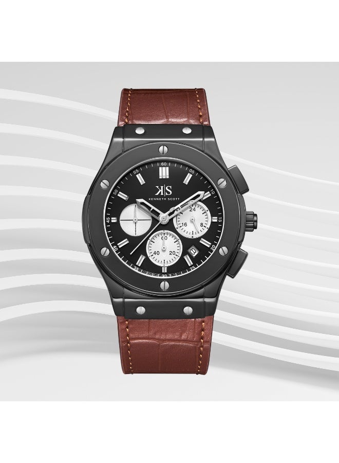 KENNETH SCOTT Men's Leather Multi Function Watch K24115-BLDB - 44 mm - Image 4