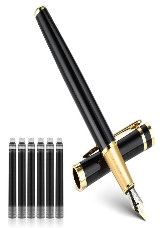 Andibro Luxury Metal Fountain Pen Set, 0.5 mm Fine Nib Fountain Pen with 6 Pcs 2.6mm Black Ink Cartridges Smooth Writing Pen Gift for Men Women Business Office Journaling - Image 1