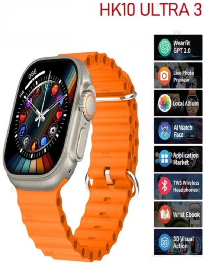 HK ساعة ذكية HK10 ULTRA 3 Series 9 (2024) Wearfit Pro، شاشة سوبر AMOLED، فتح، دردشة AI، GPS، NFC، بلوتوث 5.0، مكالمات، شحن لاسلكي - فضي/برتقالي - Image 3