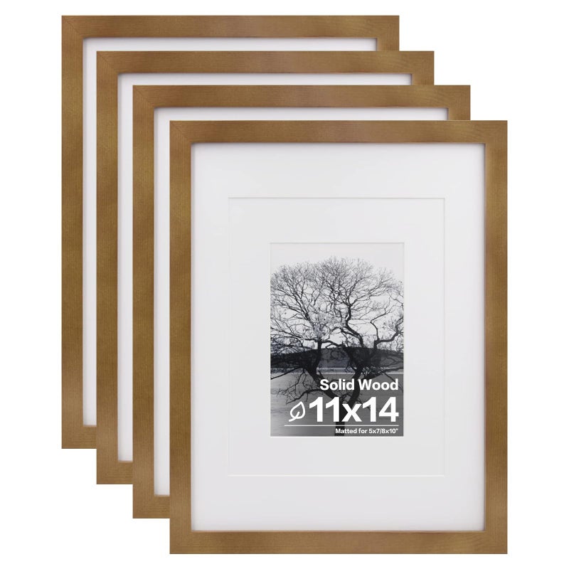 إطارات صور إيغوفاين 11x14 عبوة 4 لعرض الصور 5x7x10 مع مات أو 11x14 بدون مات مصنوعة من الخشب الصلب مغطاة بالبلكسي جلاس لعرض الطاولة والتعليق على الحائط إطار صور بني فاتح
