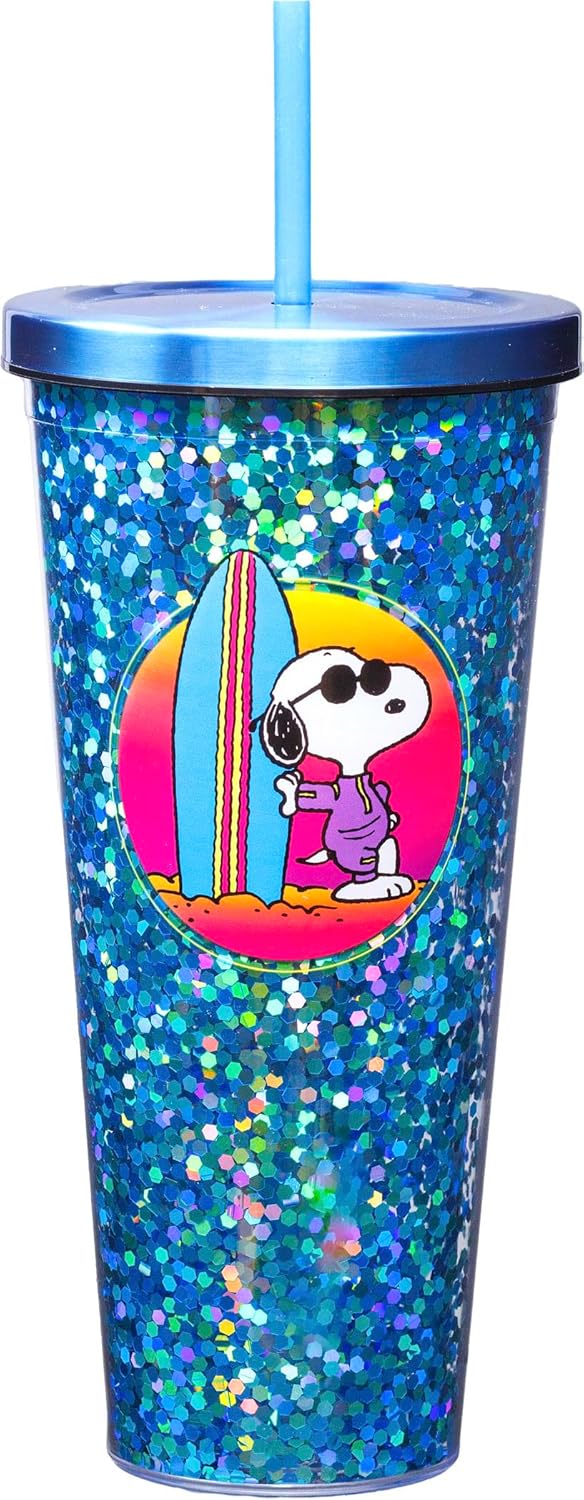 Spoontiques Large Snoopy Beach Glitter Cup Tumbler with Stainless Steel Lid and Straw  32 oz  Acrylic