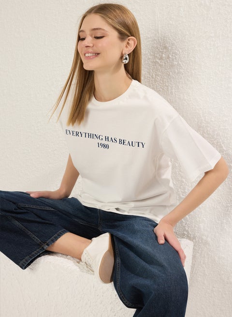 Ecru 100% Cotton Slogan Printed Relaxed/Wide Cut Knitted T-Shirt