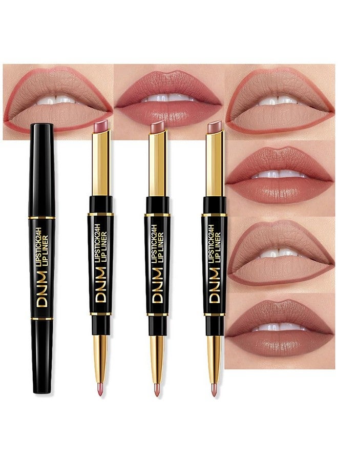 3Pcs Nude Pink Brown Velvet Matte Lip Liner And Lipstick Combo Set Kit For Women, Dnm Magic 24 Hours Lipstick And Lip Liner Makeup Set Stain Long Lasting Waterproof Labial