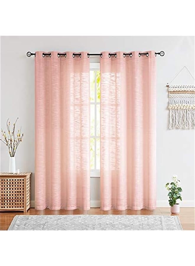 Linen Semi Sheer Curtains for Bedroom, Blush Pink Curtains 96 Inches Long for Living Room, Country Farmhouse Sheer Drapes, Light Filtering Window Curtains, Grommet Top 2 Panels  - Image 1